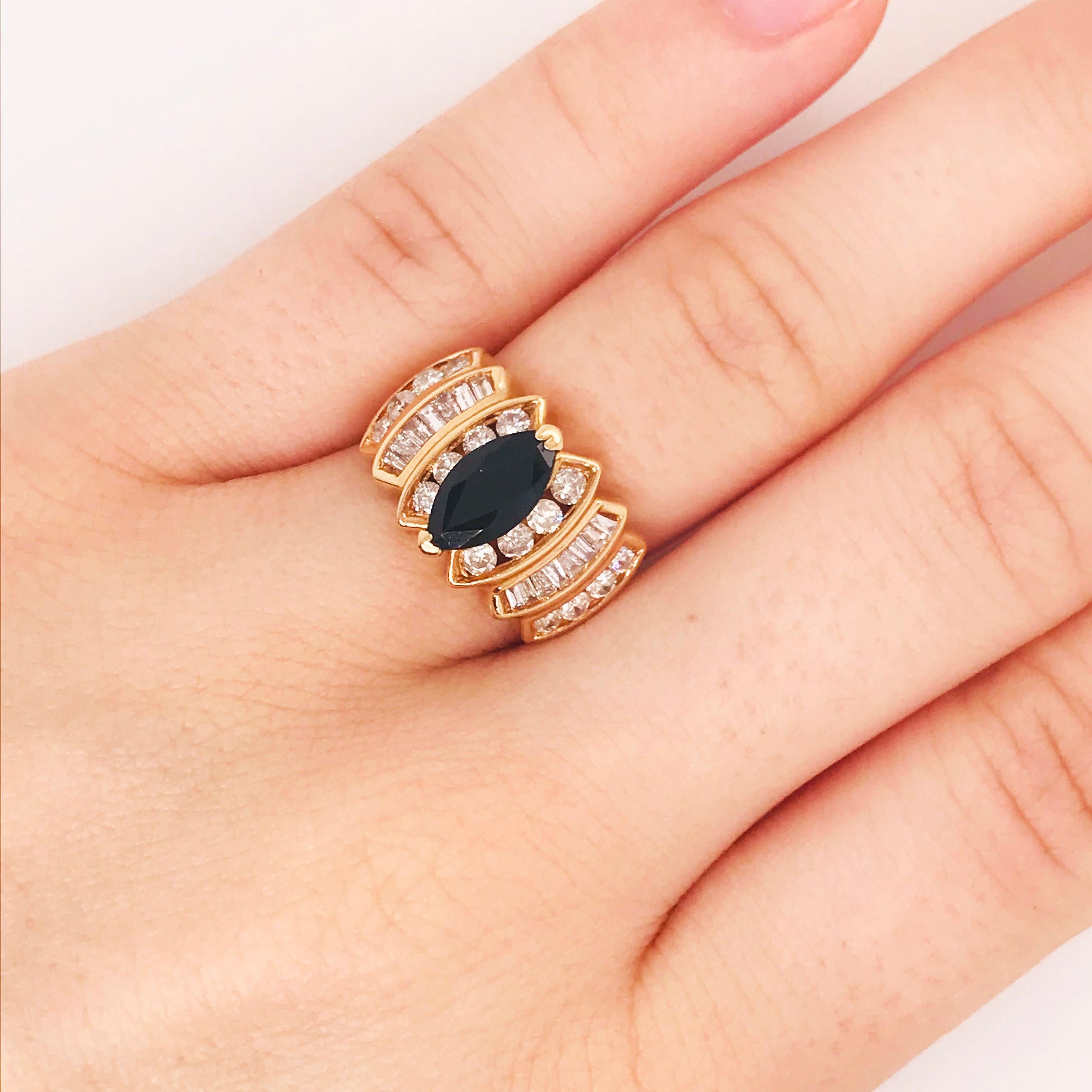 1.00 Carat Blue Sapphire and 1.00 Carat Diamond Custom Estate Ring, Yellow Gold 1