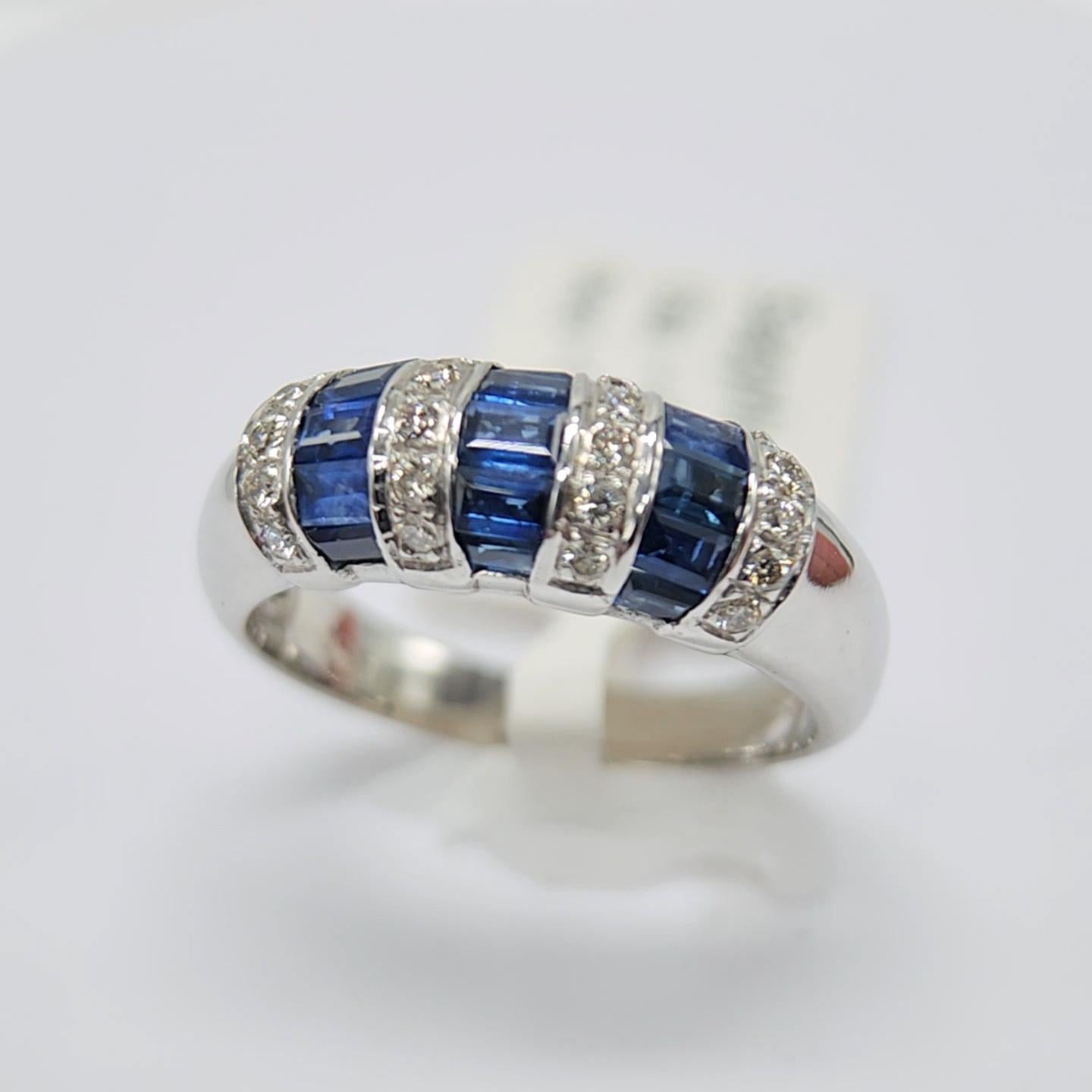 1.00 Carat Blue sapphire Baguette Ring 14 Karat White Gold with Diamonds. 8