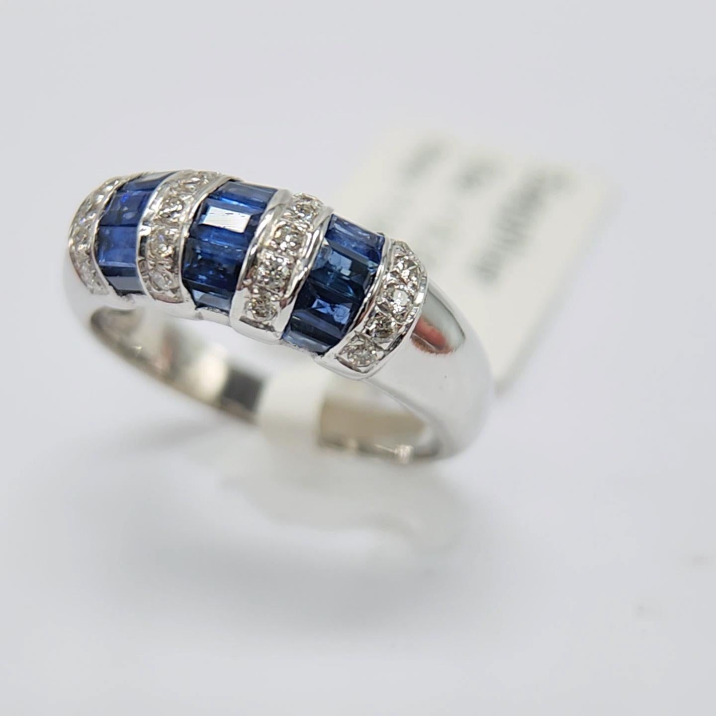 1.00 Carat Blue sapphire Baguette Ring 14 Karat White Gold with Diamonds. 11
