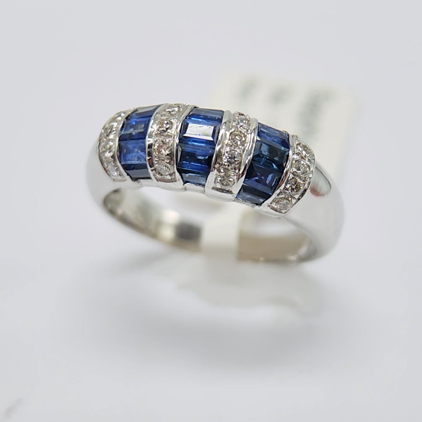 1.00 Carat Blue sapphire Baguette Ring 14 Karat White Gold with Diamonds. 12
