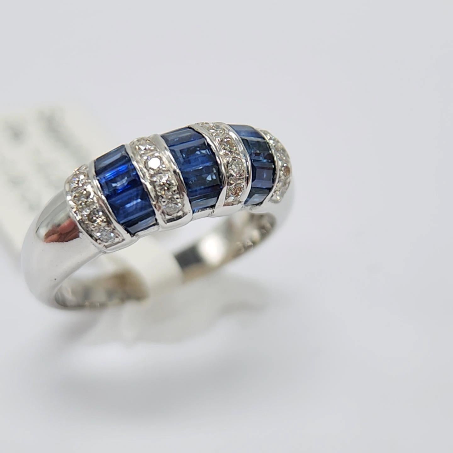 1.00 Carat Blue sapphire Baguette Ring 14 Karat White Gold with Diamonds. 2