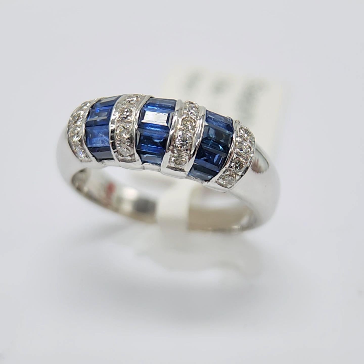 1.00 Carat Blue sapphire Baguette Ring 14 Karat White Gold with Diamonds. 3