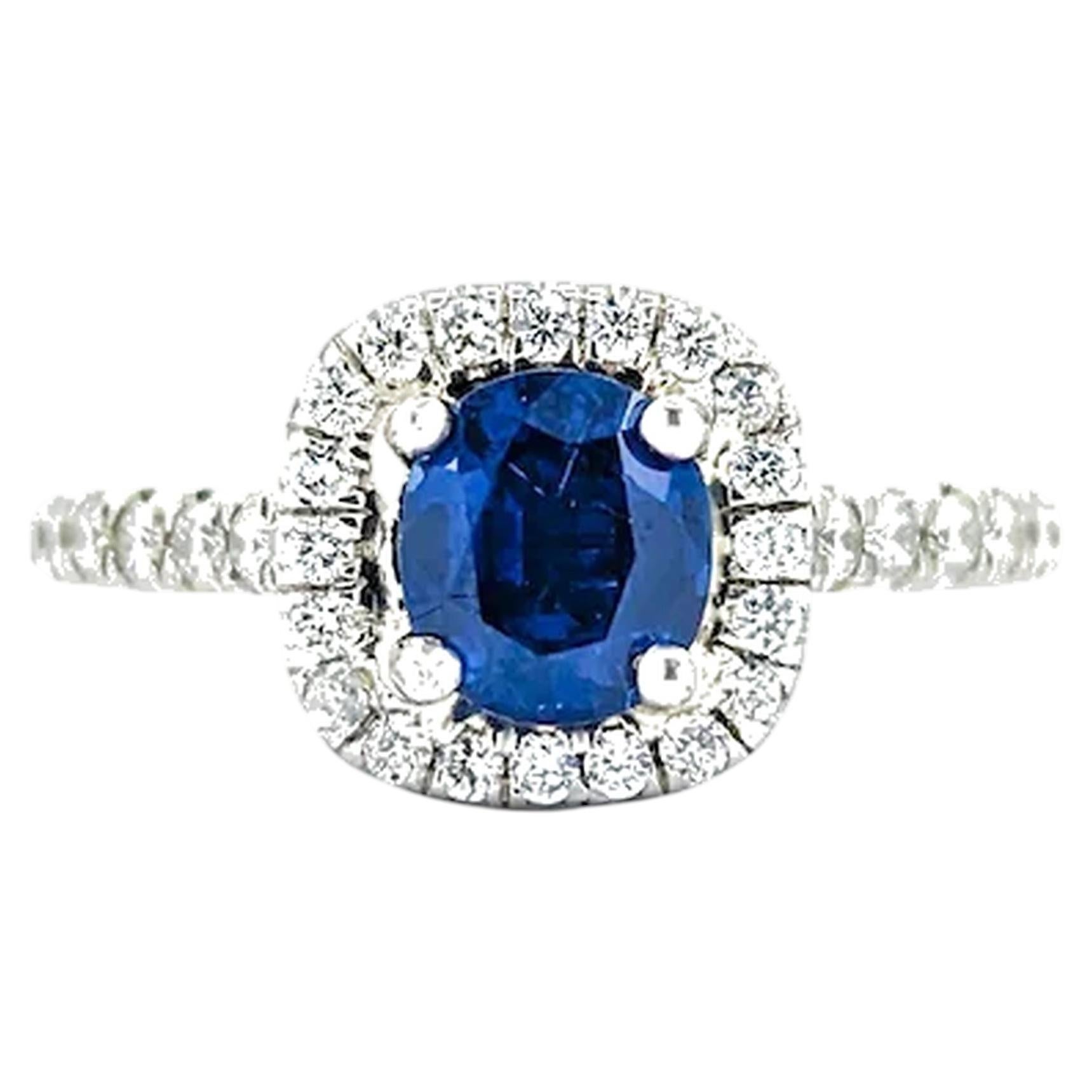 1.00 carat Blue Sapphire & Diamond Ring in 14k White Gold For Sale