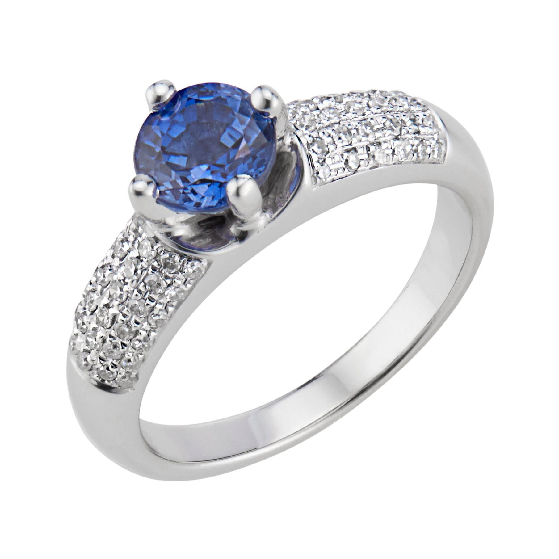 1.00 Carat Blue Sapphire Diamond White Gold Engagement Ring
