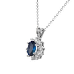 1.00 Carat Blue Sapphire Diamond White Gold Pendant Necklace