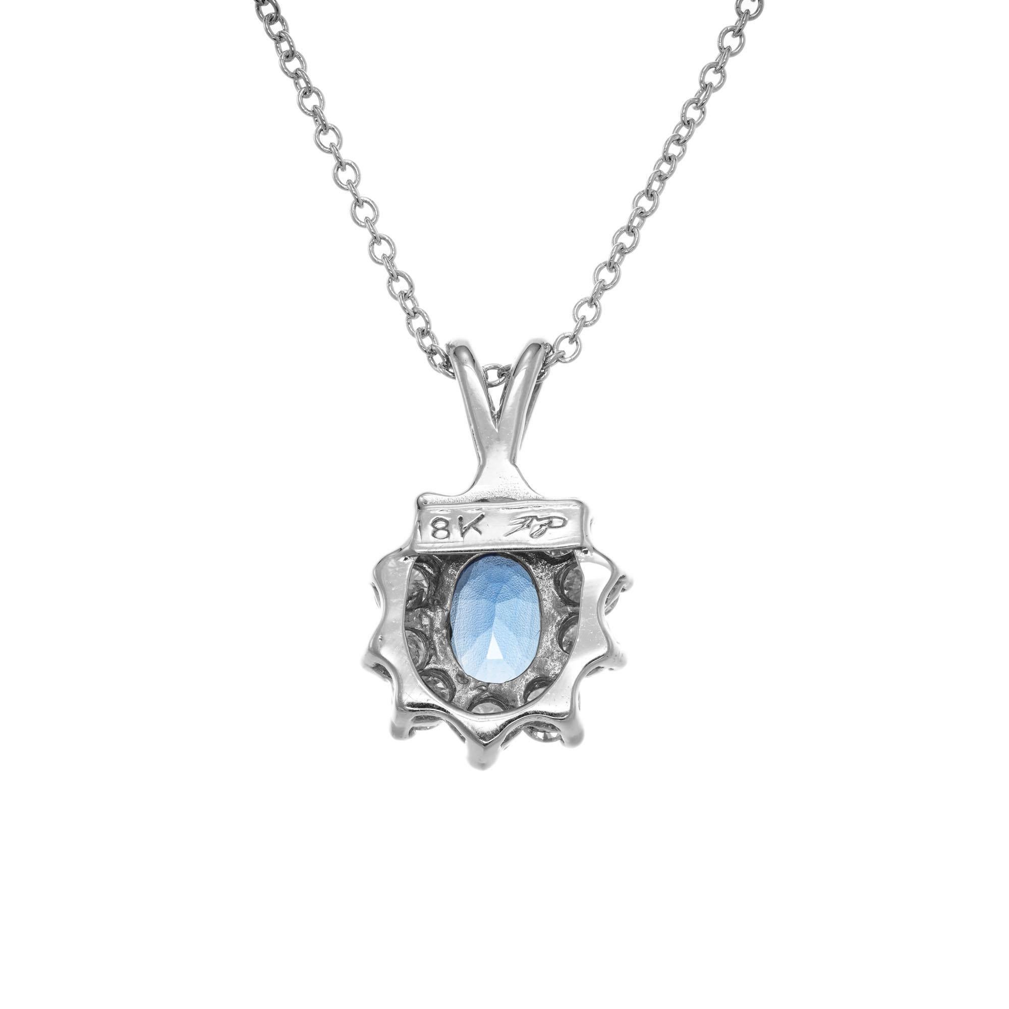 Oval Cut 1.00 Carat Blue Sapphire Diamond White Gold Pendant Necklace For Sale