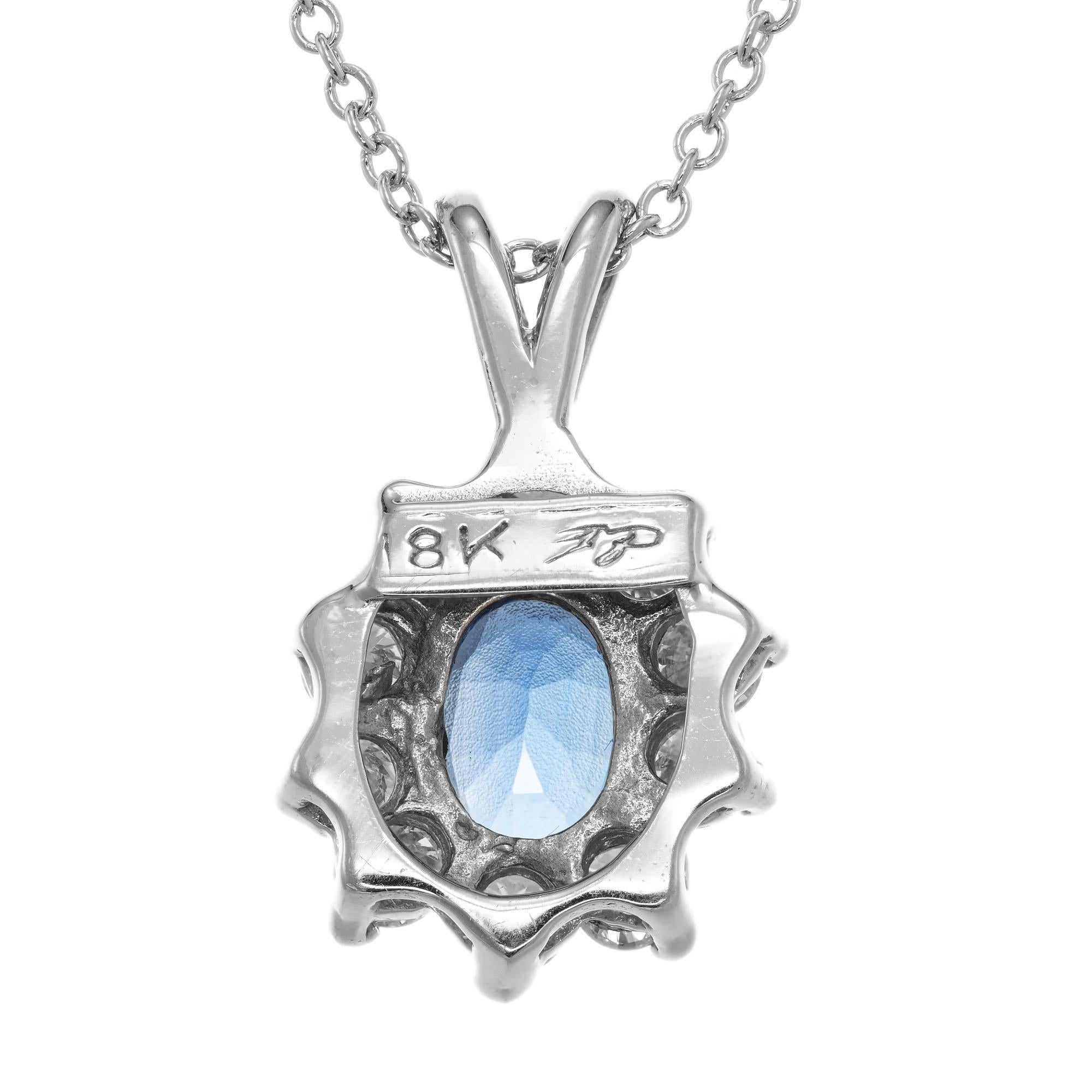 1.00 Carat Blue Sapphire Diamond White Gold Pendant Necklace In Excellent Condition For Sale In Stamford, CT