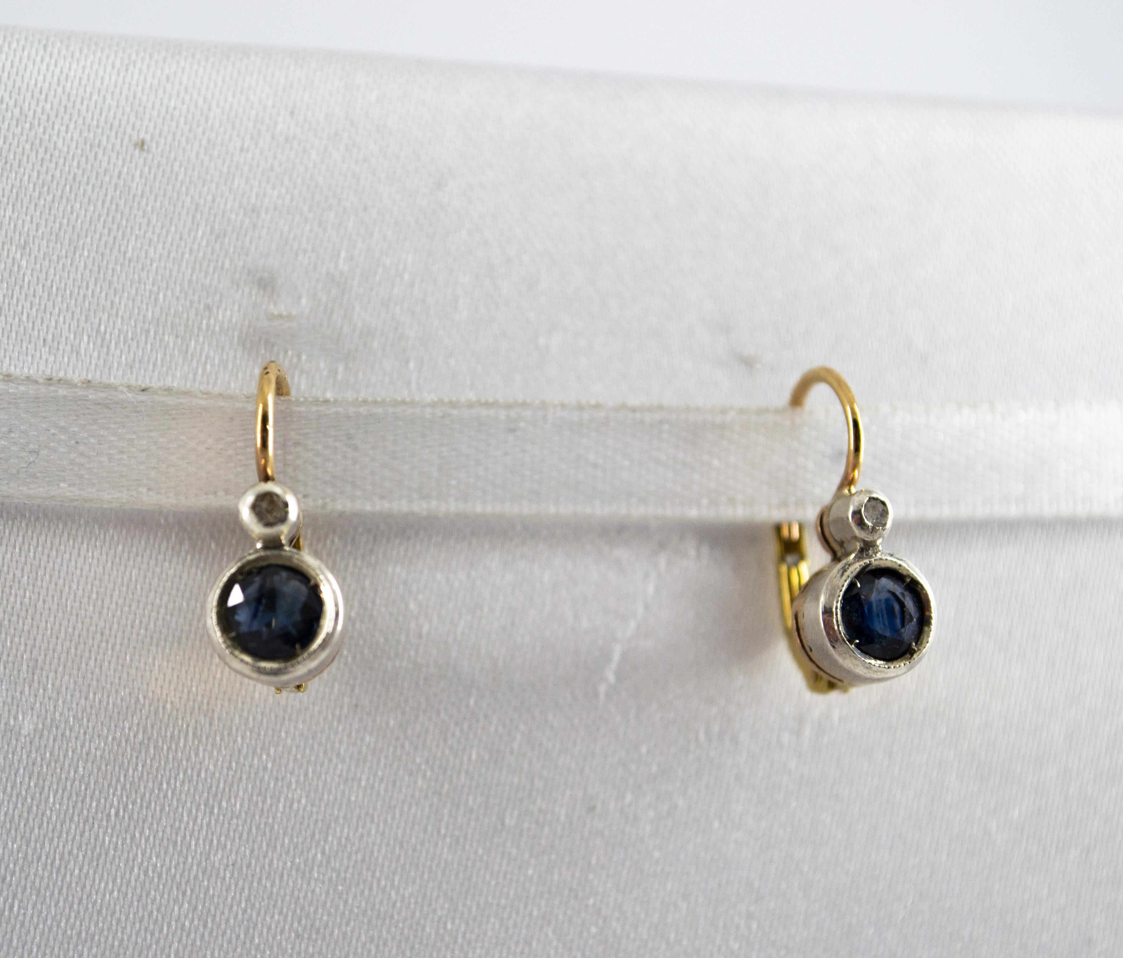 1.00 Carat Blue Sapphire White Diamond Yellow Gold Lever-Back Earrings In New Condition In Naples, IT