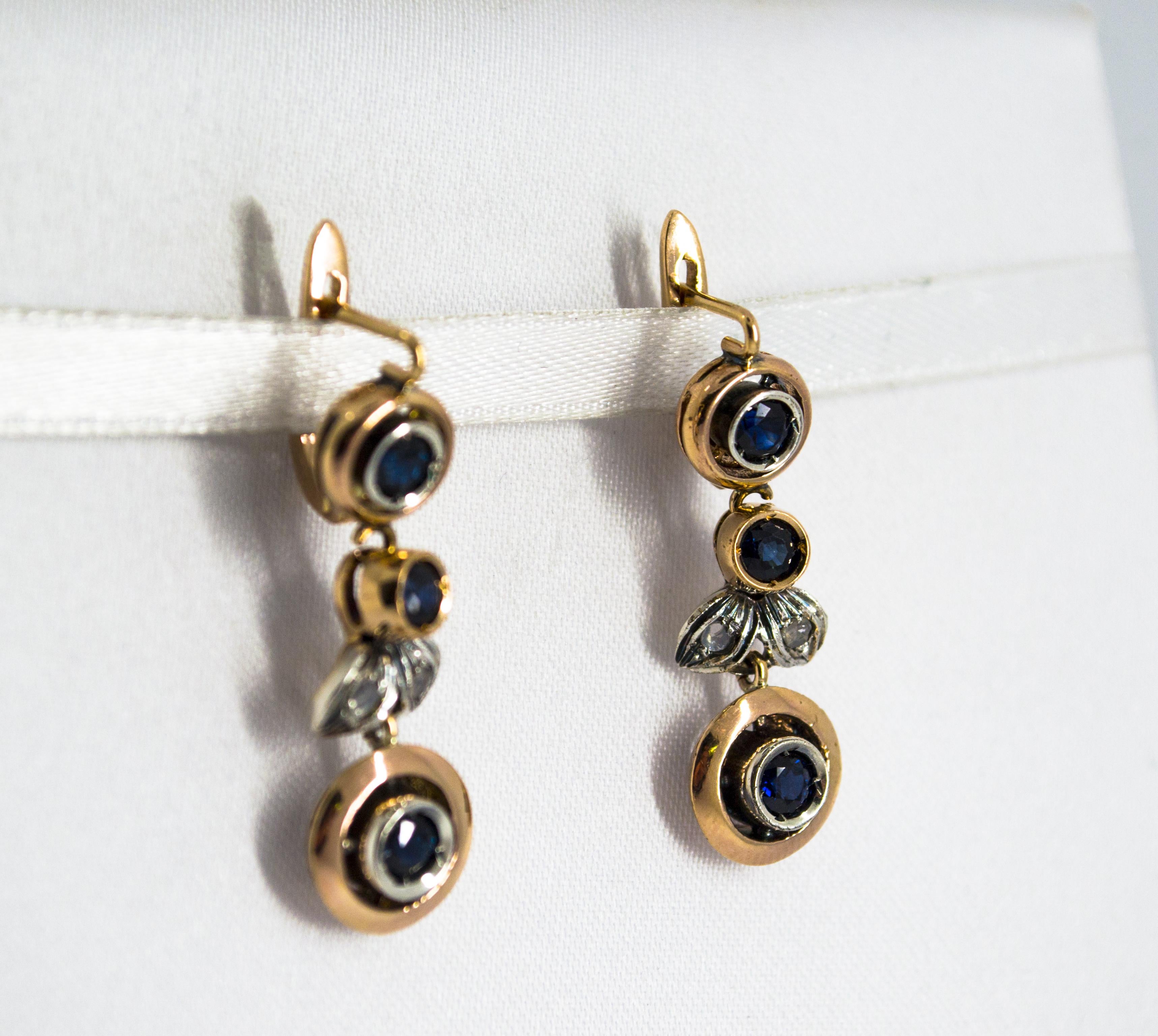 1.00 Carat Blue Sapphire White Diamond Yellow Gold Lever-Back Earrings In New Condition In Naples, IT