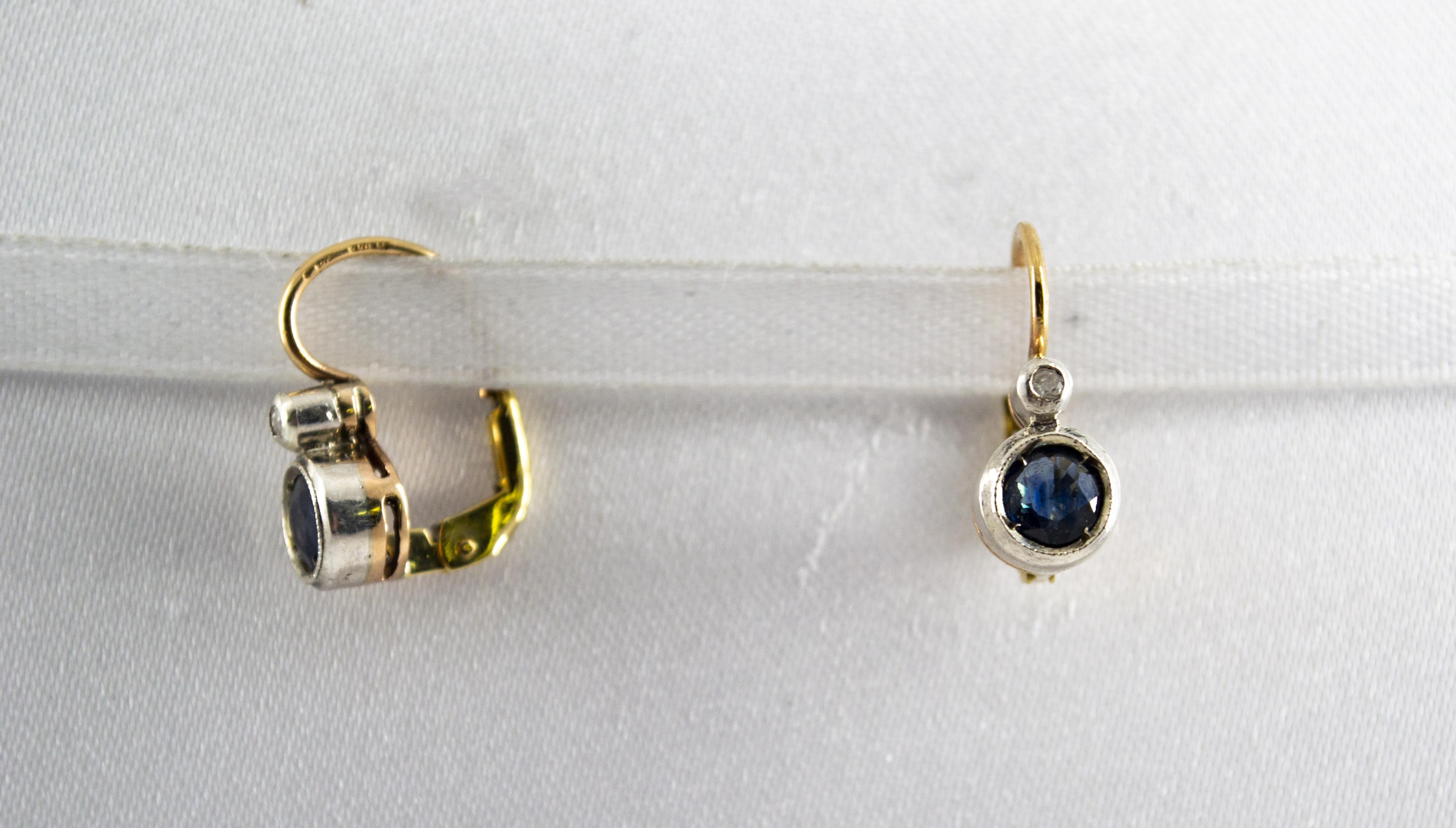 Women's or Men's 1.00 Carat Blue Sapphire White Diamond Yellow Gold Lever-Back Earrings