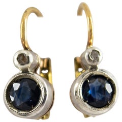 1.00 Carat Blue Sapphire White Diamond Yellow Gold Lever-Back Earrings