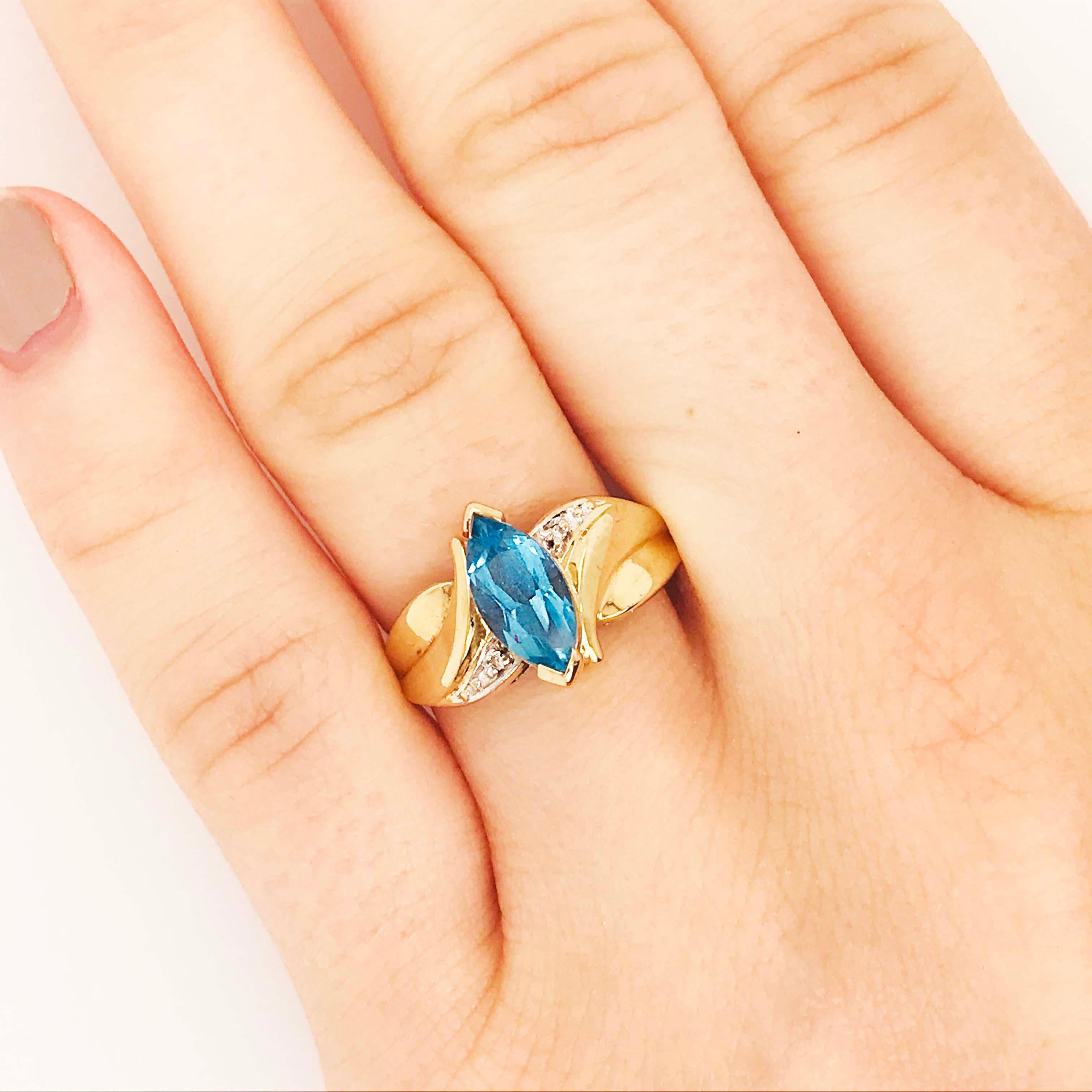 Marquise Cut Topaz Diamond Ring, 1.00 Carat Blue and White, Estate Ring, 10k Yellow Gold