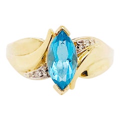Topaz Diamond Ring, 1.00 Carat Blue and White, Estate Ring, 10k Yellow Gold