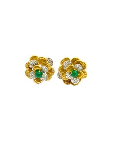 1.00 Carat Cabochon Emerald and 2.00 Carat Diamond 18K Platinum Flower Earrings