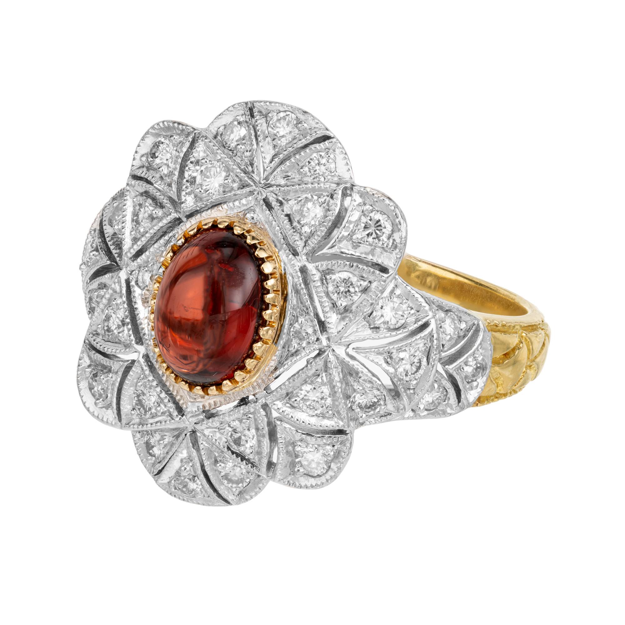 Oval Cut 1.00 Carat Cabochon Oval Garnet Diamond Platinum Yellow Gold Cluster Ring For Sale