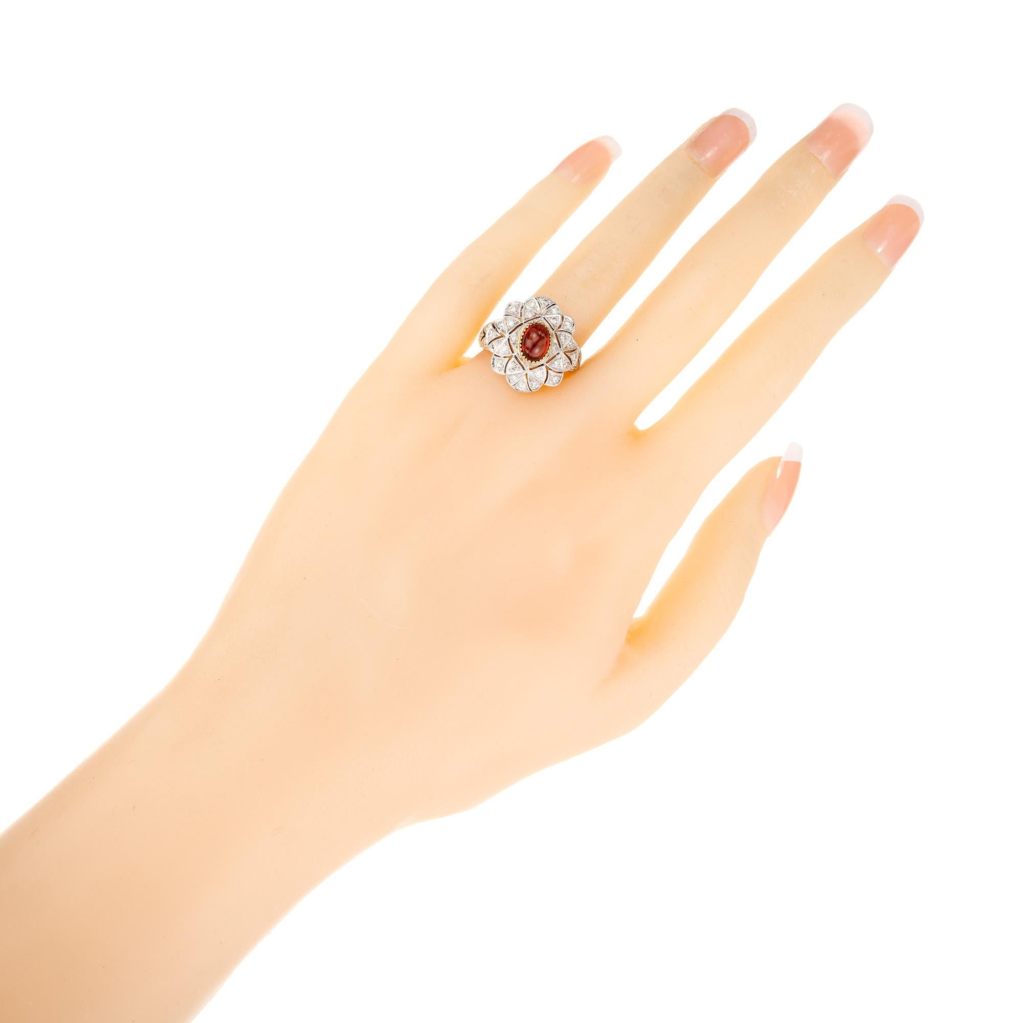 1.00 Carat Cabochon Oval Garnet Diamond Platinum Yellow Gold Cluster Ring For Sale 2
