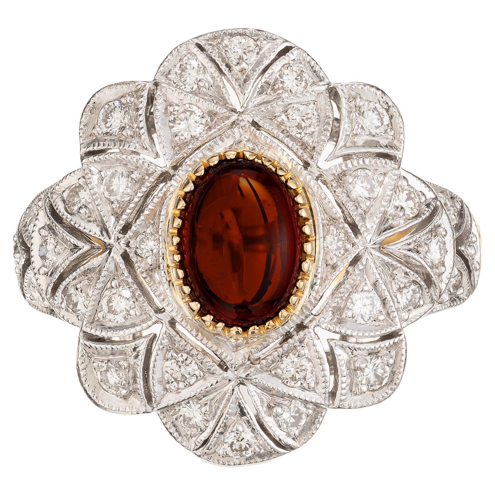 1.00 Carat Cabochon Oval Garnet Diamond Platinum Yellow Gold Cluster Ring For Sale