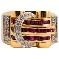 1.00 Carat Carre Cut Ruby 0.35 Carat White Diamond Yellow Gold Poison Ring