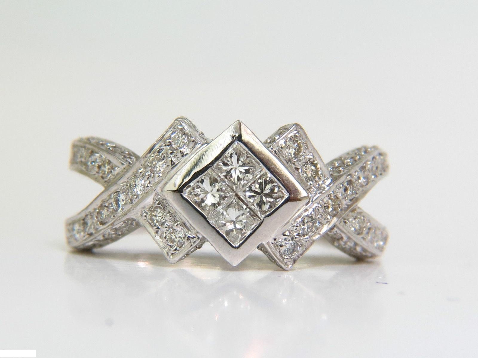 Princess Cut 1.00 Carat Classic Princess Cluster and Rounds Crossover Ring Split Shank For Sale