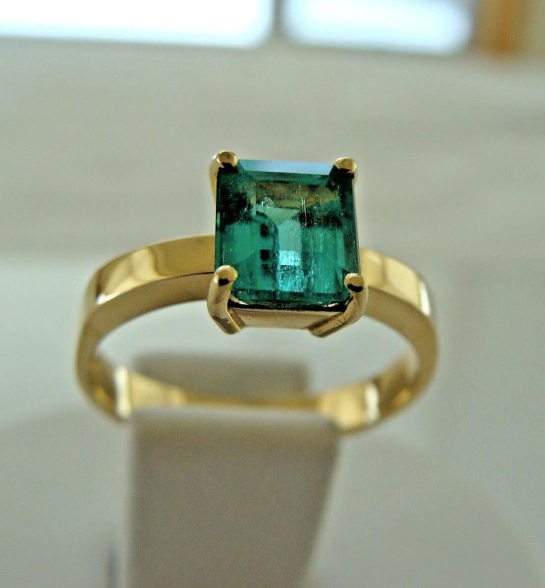Emerald Cut Colombian Emerald Solitaire Engagement Ring 18 Karat