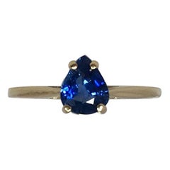 1.00 Carat Cornflower Blue Ceylon Sapphire 14 Karat Pear Cut Solitaire Gold Ring
