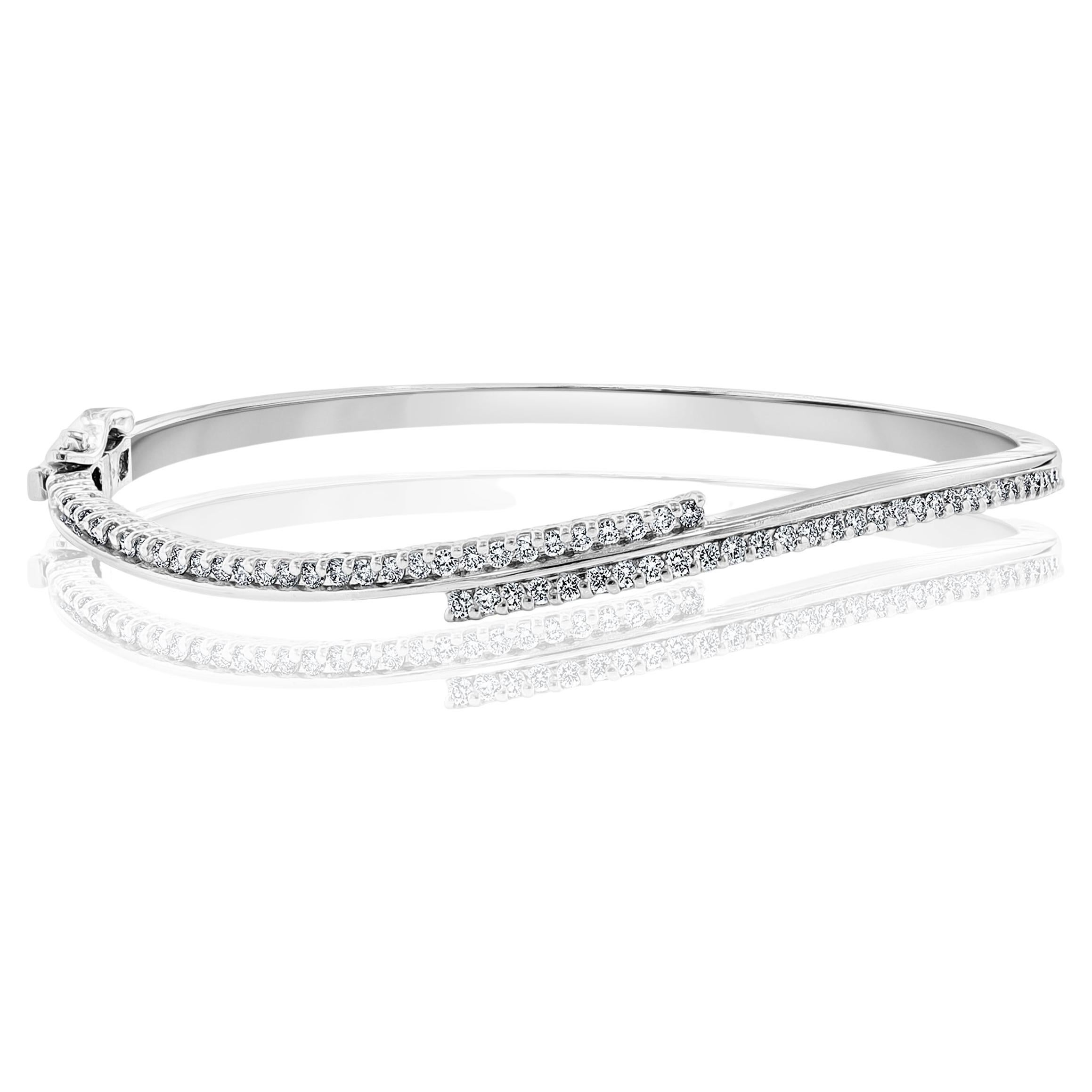 1.00 Carat Curved Diamond Bangle in 14K White Gold For Sale