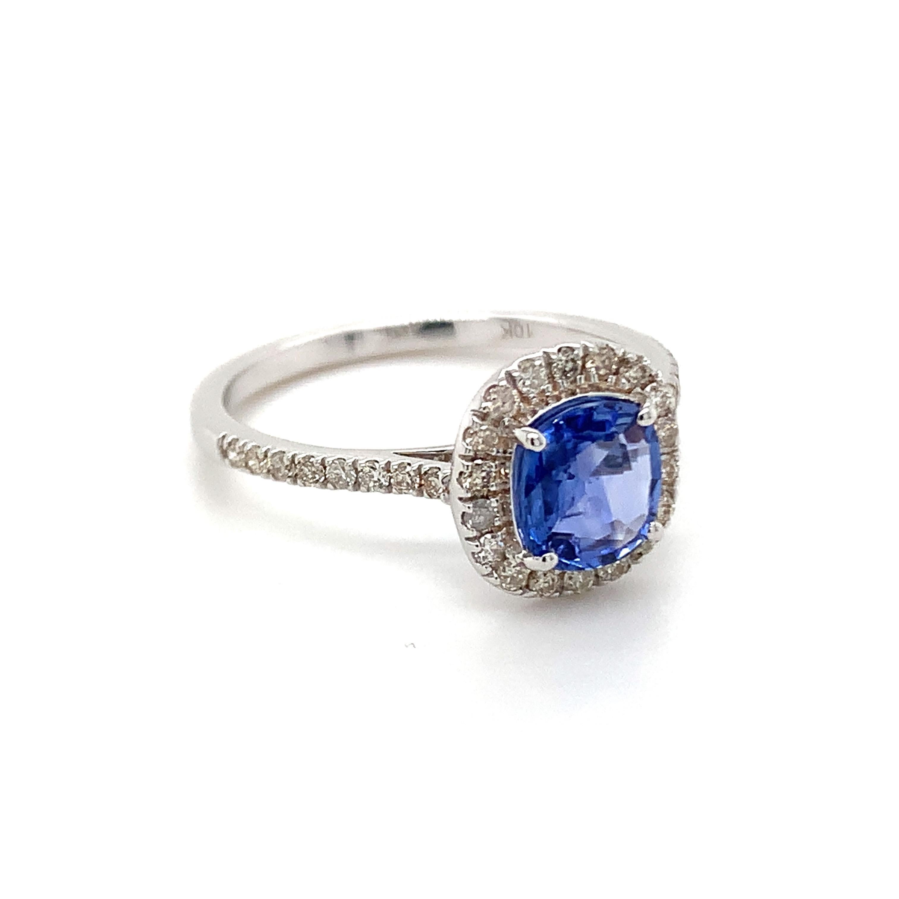Modern 1.00 Carat Cushion Cut Blue Sapphire Ring with Diamonds in 10k White Gold For Sale