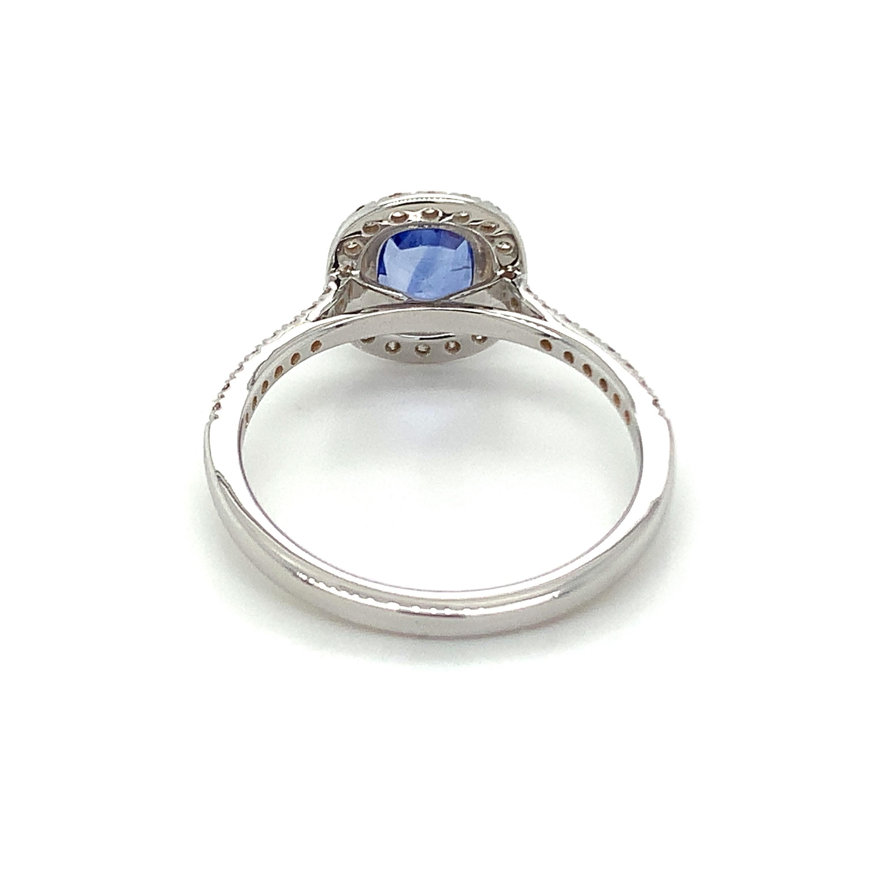 Modern 1.00 Carat Cushion Cut Blue Sapphire Ring with Diamonds in 10k White Gold For Sale