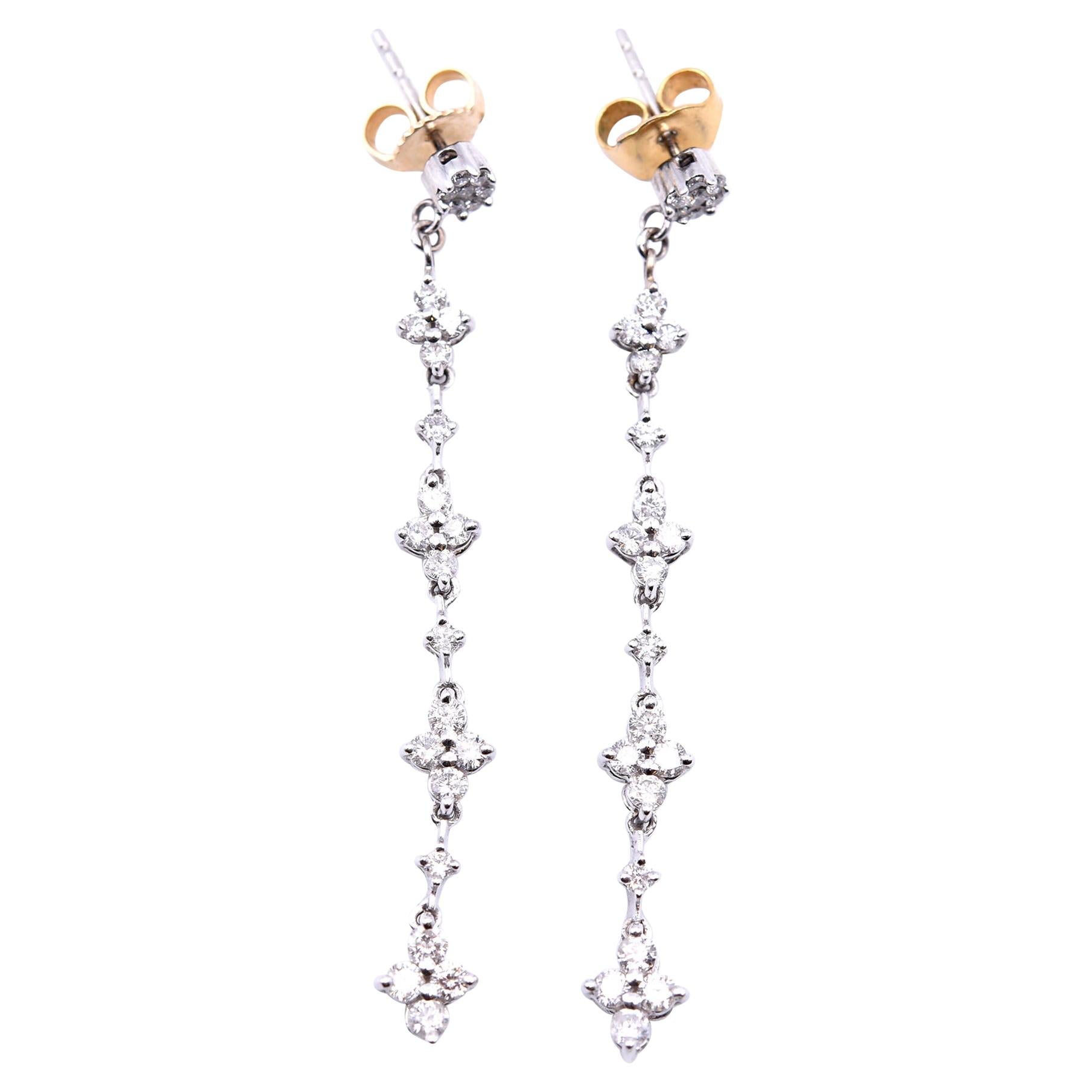 1.00 Carat Diamond 14 Karat White Gold Cluster Drop Earrings
