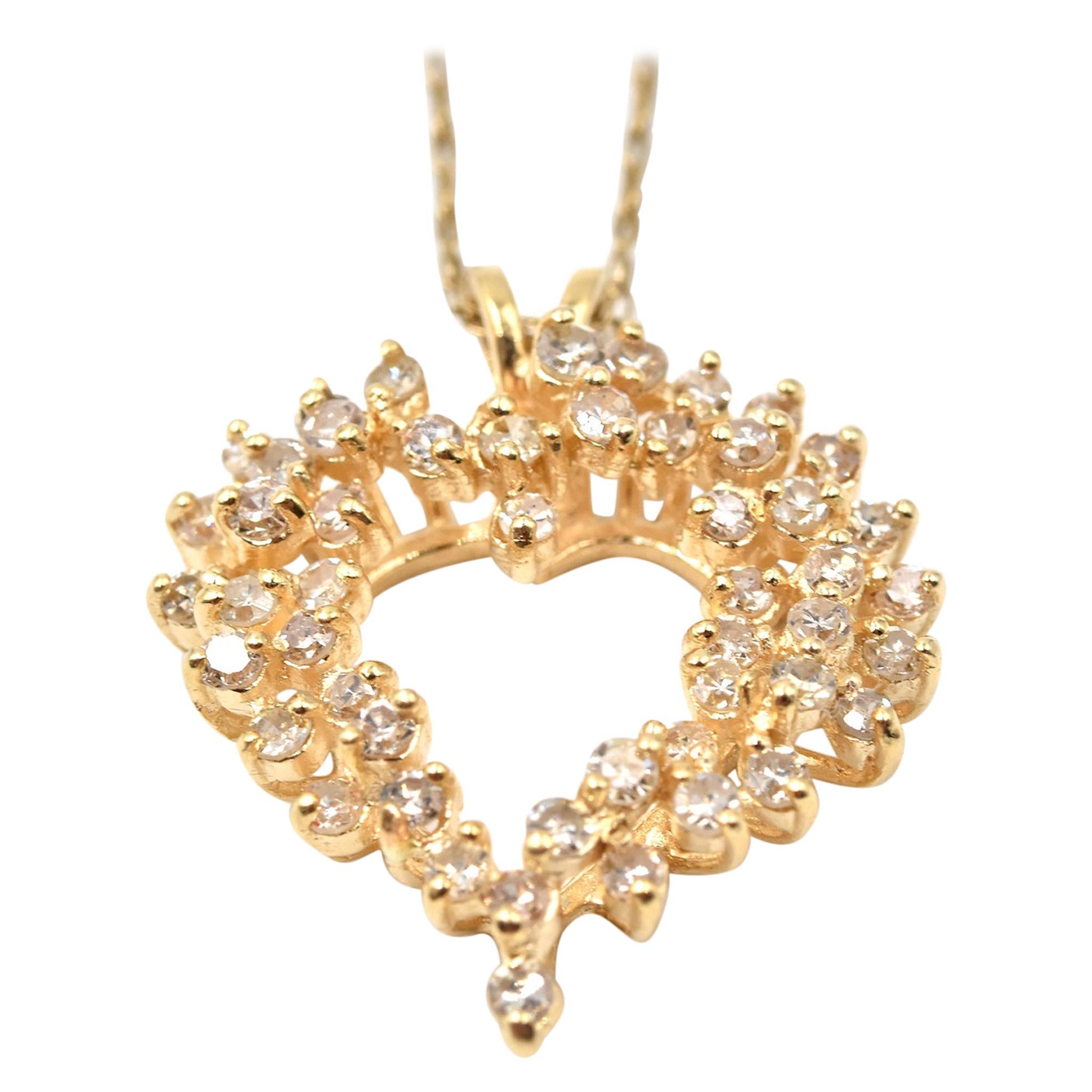 1.00 Carat Diamond 14 Karat Yellow Gold Heart Pendant Necklace