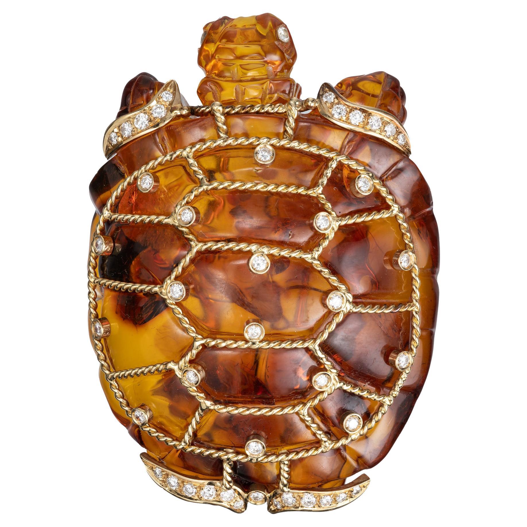 1.00 Carat Diamond Amber Yellow Gold Carved Turtle Brooch For Sale