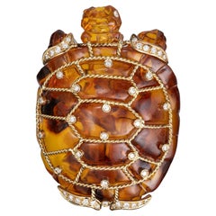 1.00 Carat Diamond Amber Yellow Gold Carved Turtle Brooch