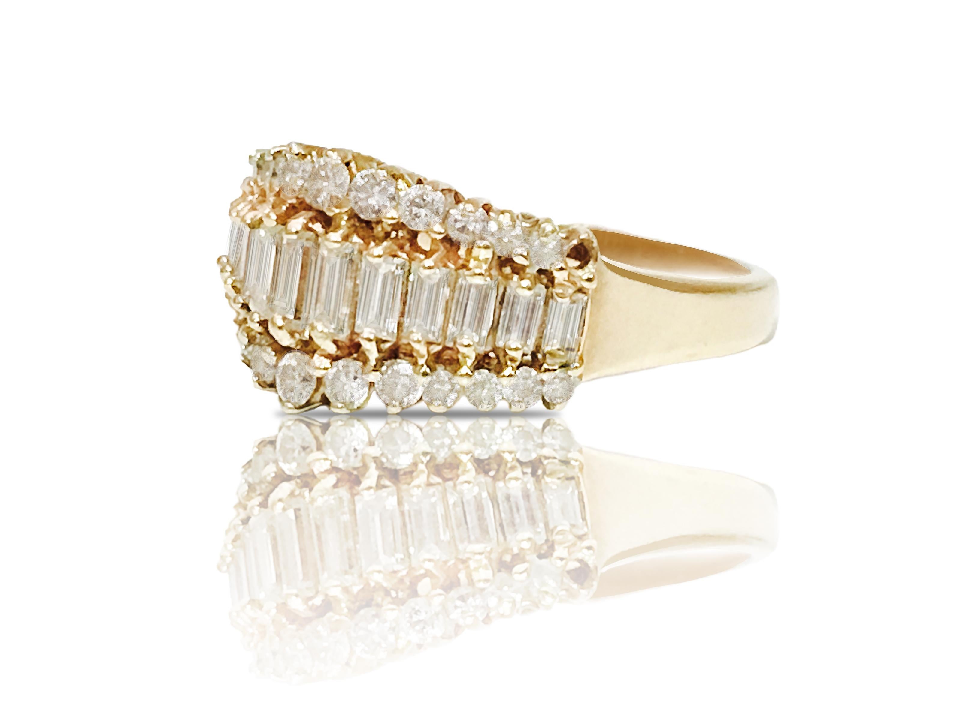 Metal: 14K yellow gold. 
Total carat weight of the diamonds: 1.00 carats. Round brilliant and baguette cut diamonds set in prongs. VS clarity and F-G color. 

Ring size: US 6.25. Free ring resizing available. 