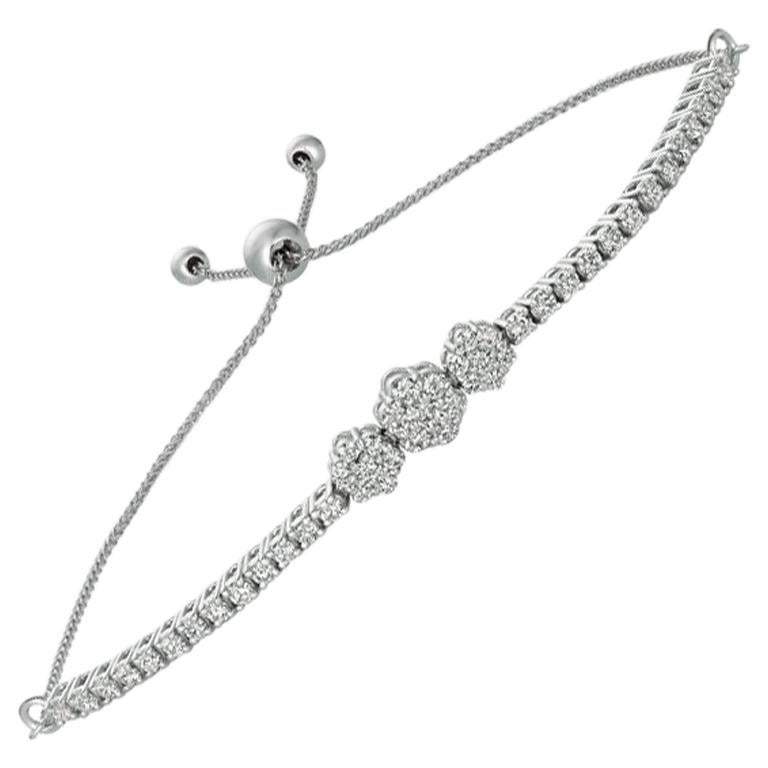 Bracelet Bolo à 3 fleurs réglable en or blanc 14 carats avec diamants de 1,00 carat G SI