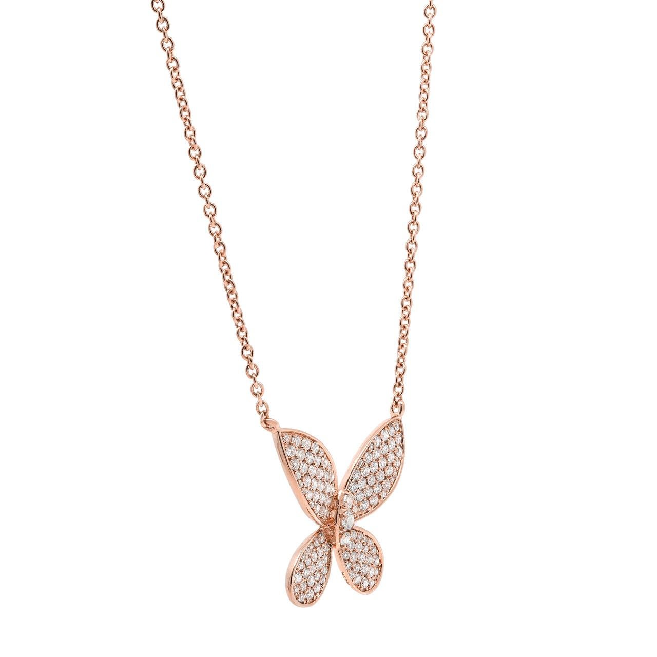Modern 1.00 Carat Diamond Butterfly Charm Necklace 14K Rose Gold For Sale