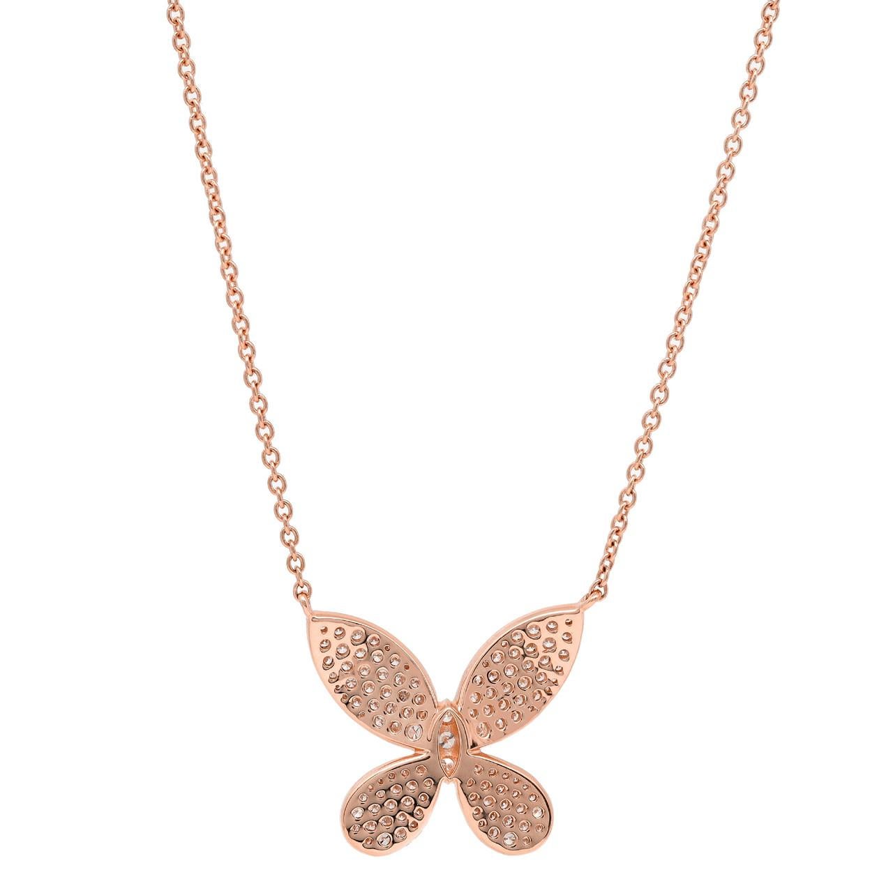 Round Cut 1.00 Carat Diamond Butterfly Charm Necklace 14K Rose Gold For Sale