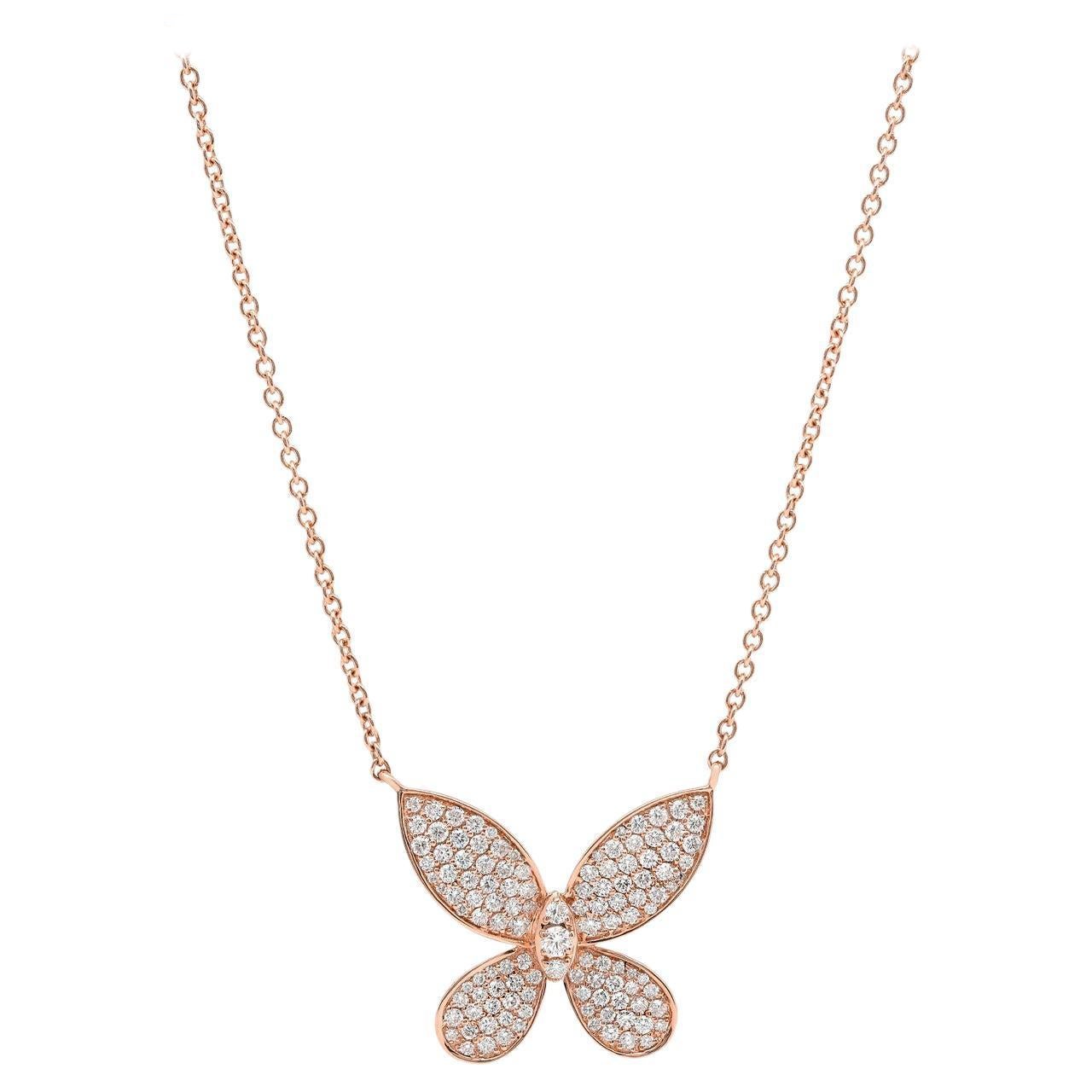 1.00 Carat Diamond Butterfly Charm Necklace 14K Rose Gold For Sale