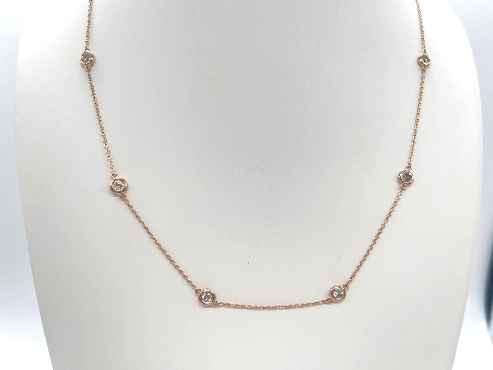 Round Cut 1 Carat Natural Diamond By The Yard 10 Station Necklace 14K Rose Gold 18