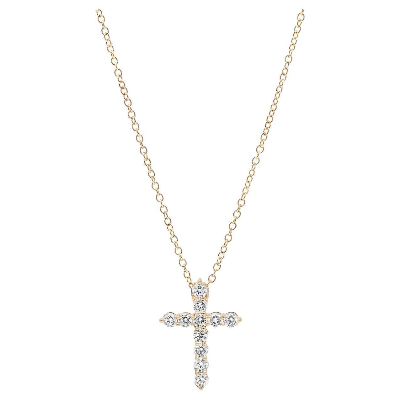 1.00 Carat Diamond Cross Pendant Necklace 18K Yellow Gold For Sale