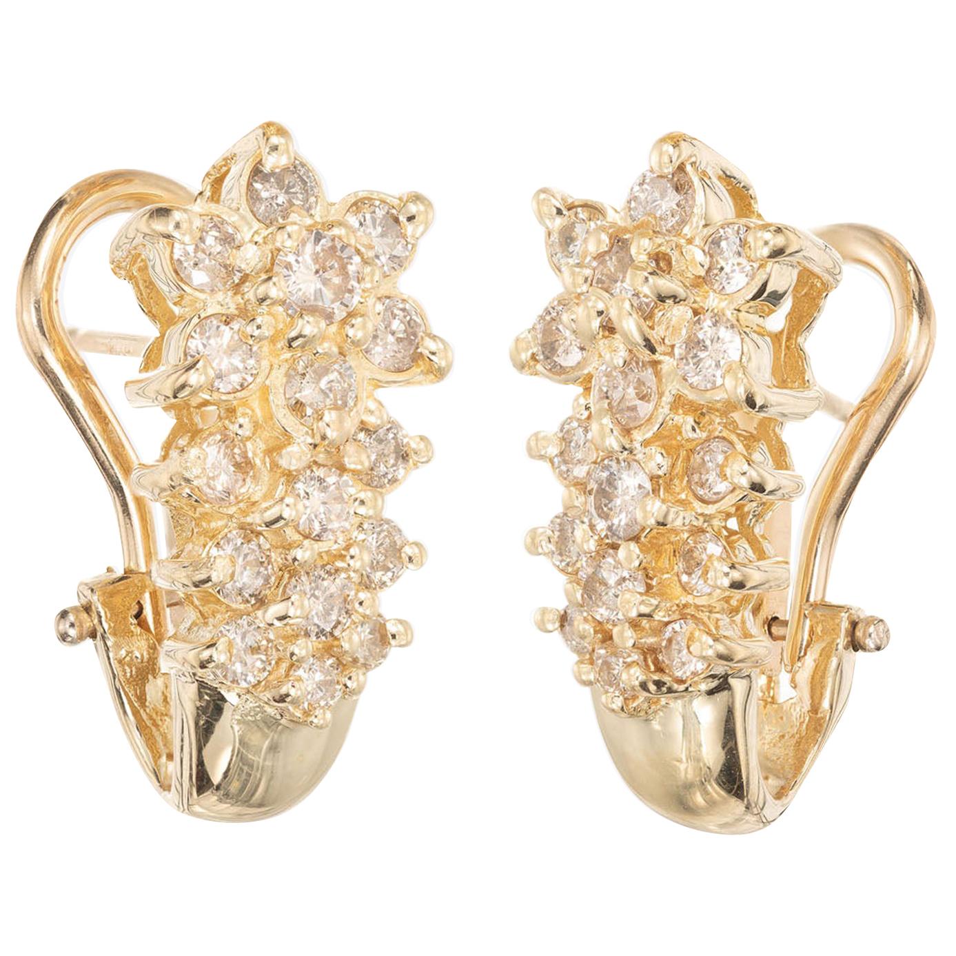 1.00 Carat Diamond Flower Design Clip Post Yellow Gold Earrings
