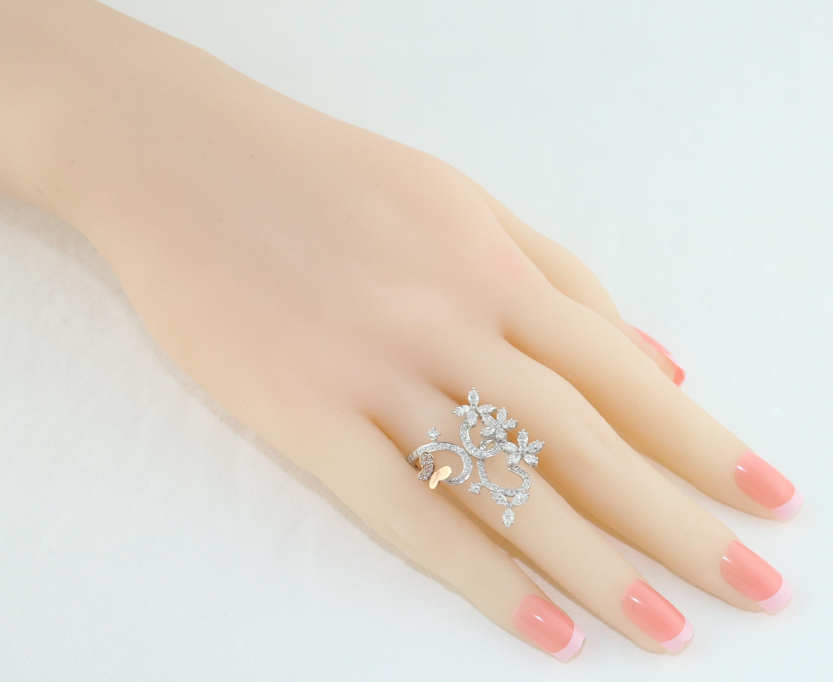 Round Cut 1.00 Carat Diamond Gold Flower Branch Ring For Sale