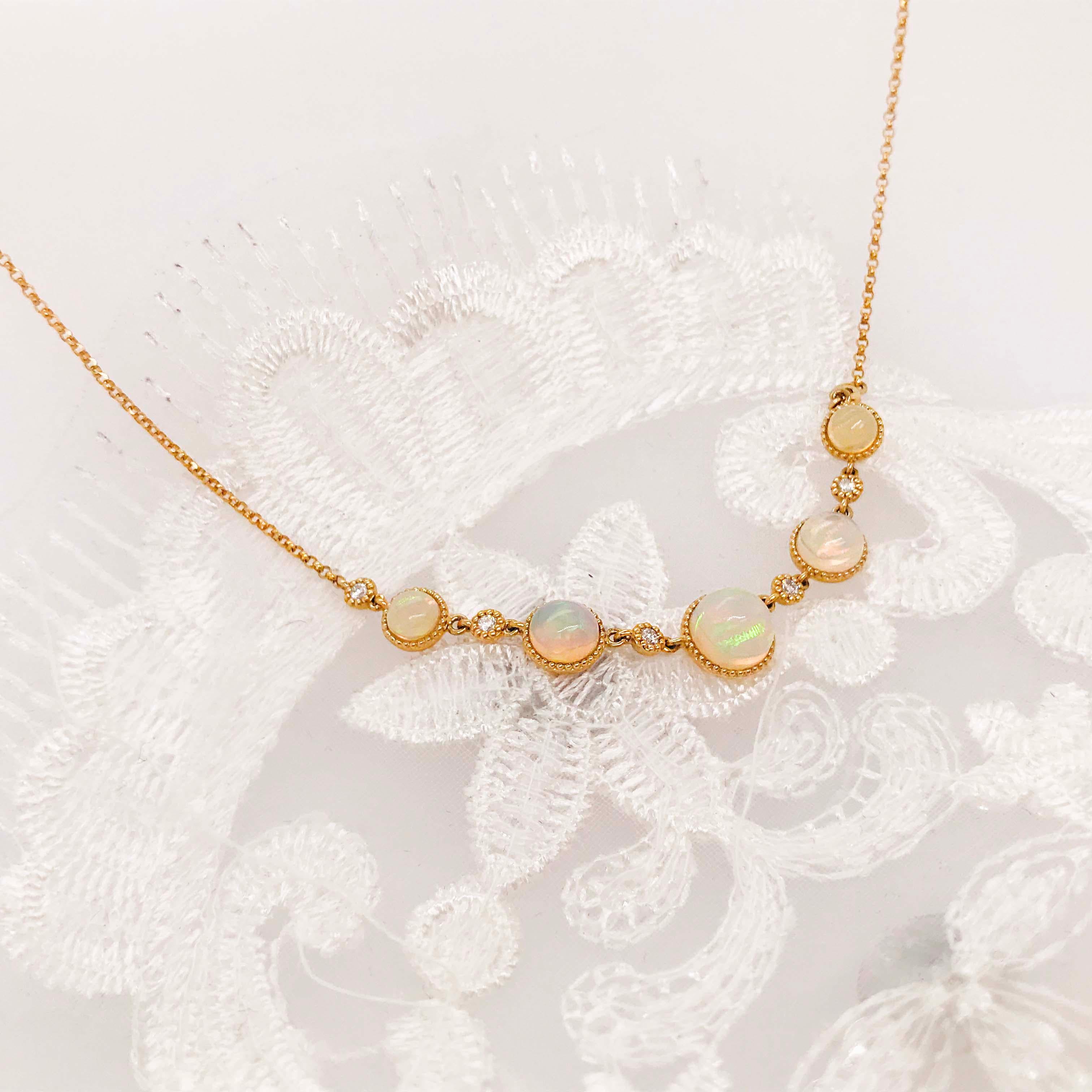 1.00 Carat Diamond & Australian Opal & Diamond Yellow Gold Necklace, Australian In New Condition In Austin, TX