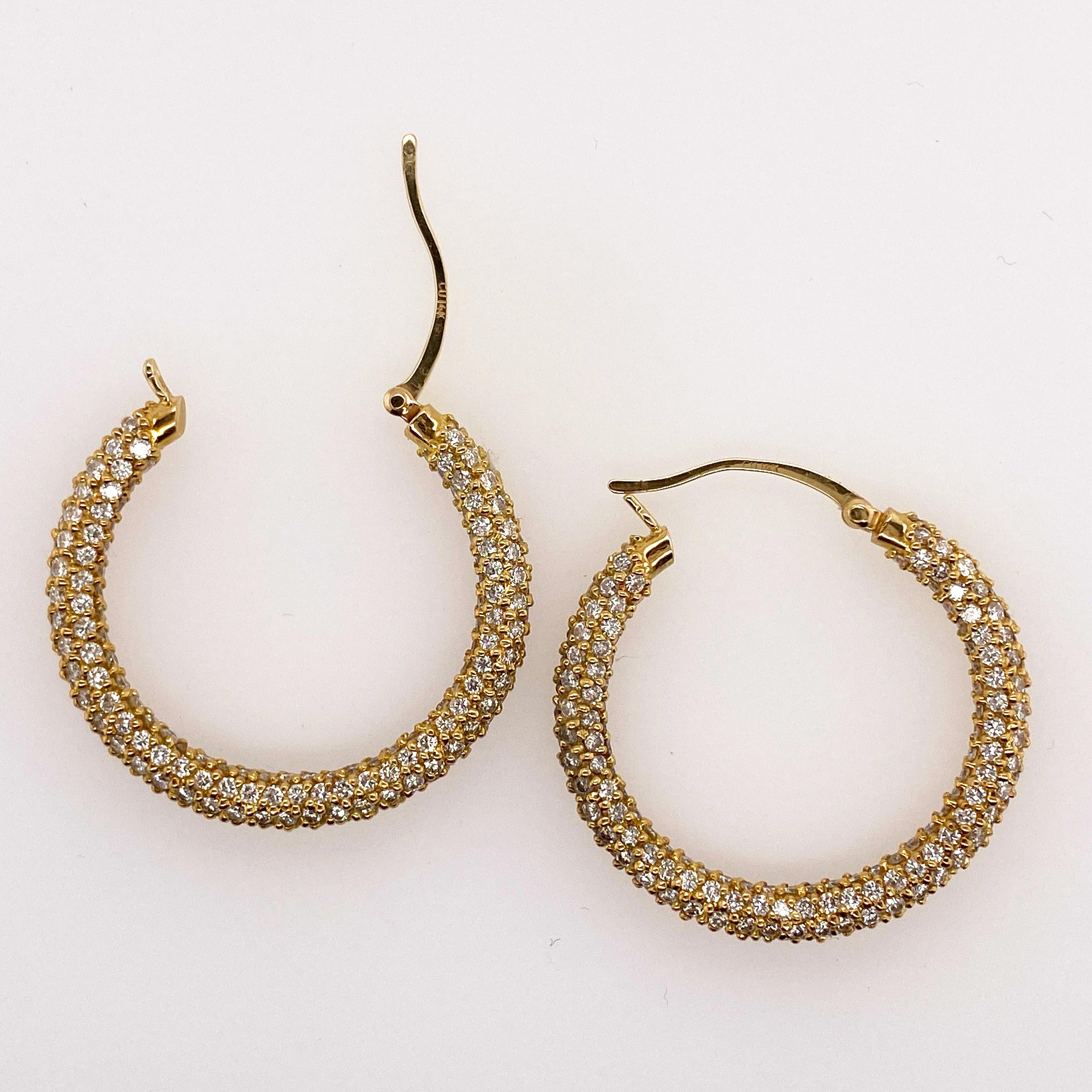 Round Cut 1.00 Carat Diamond Pavé Hoop Earrings in 14k Yellow Gold