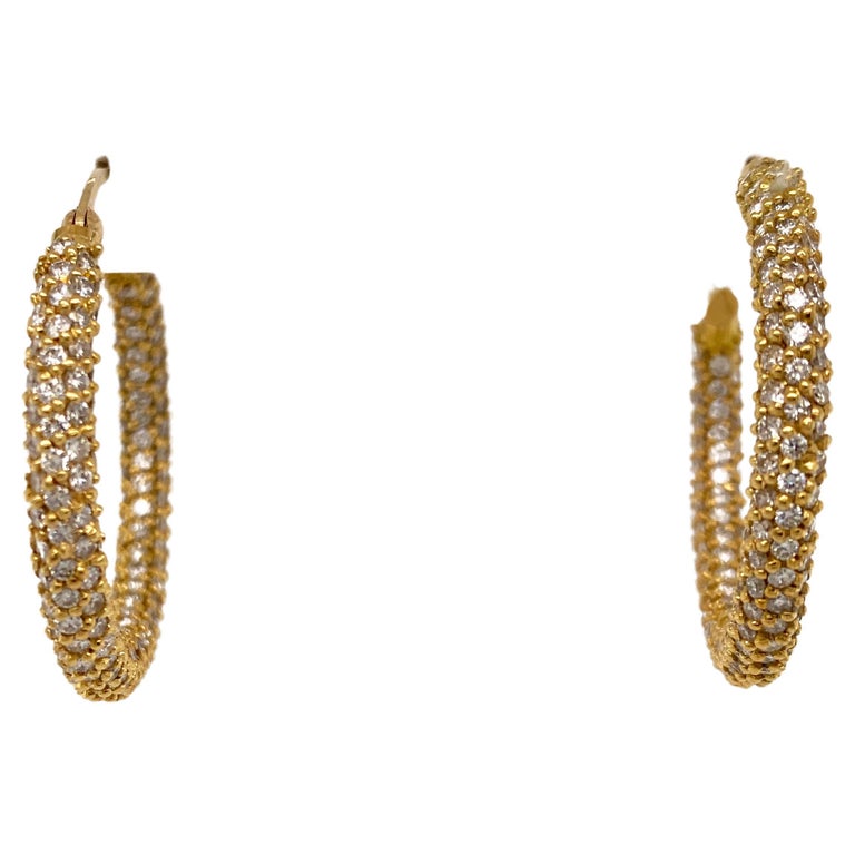 1.00 Carat Diamond Pavé Hoop Earrings in 14k Yellow Gold For Sale at