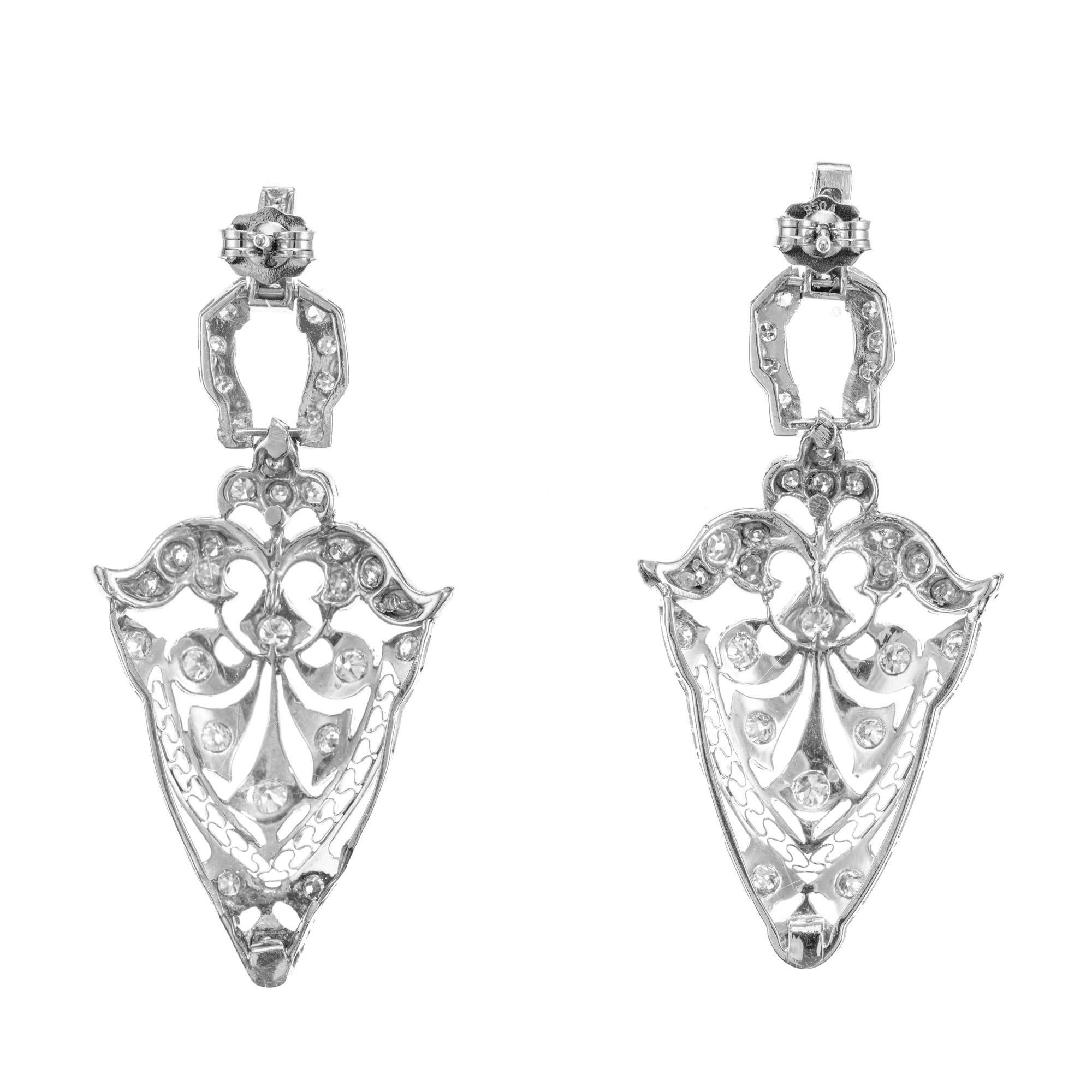 Round Cut 1.00 Carat Diamond Platinum Open Work Art Deco Dangle Earrings For Sale