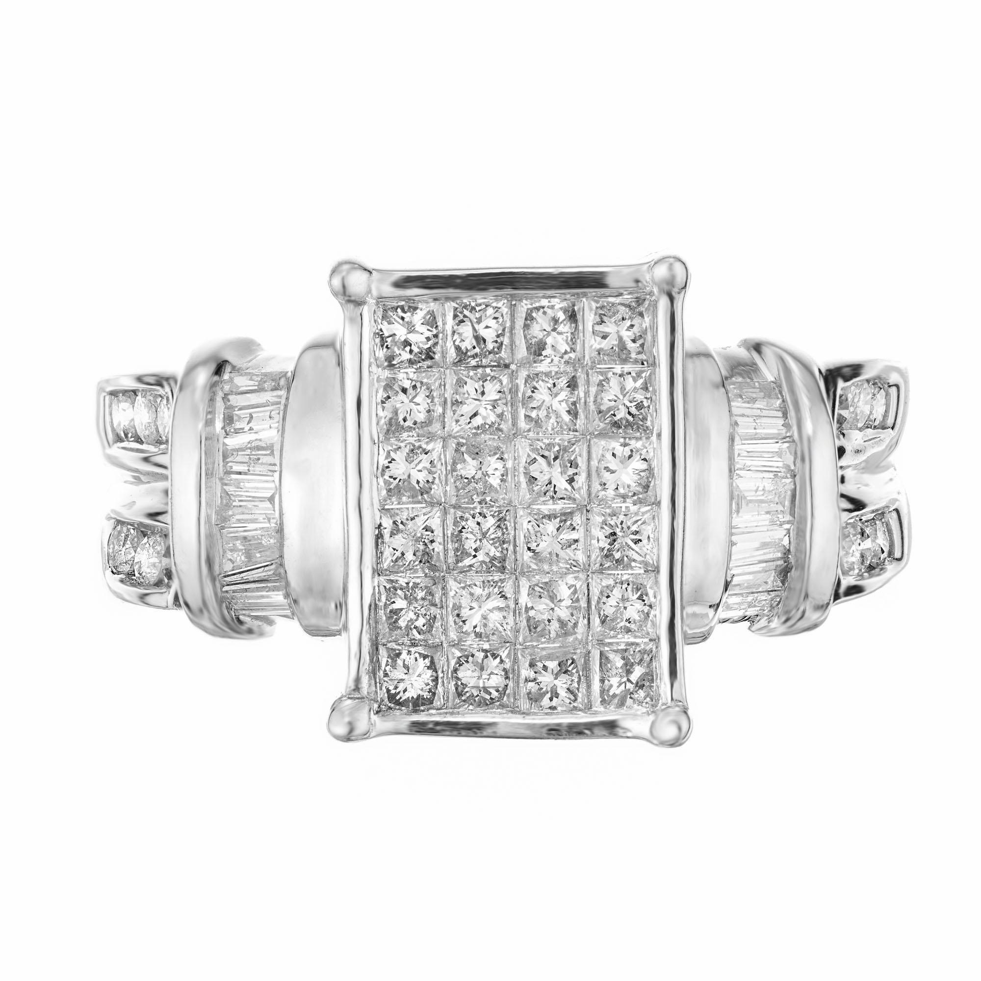 Diamond rectangular engagement ring. 1.00ct round invisible set diamonds with baguette accent diamonds on the side and round diamonds along both sides of the shank in a 14k white gold setting. 

24 invisible set Princess cut diamonds, approx. total