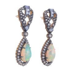 1.00 Carat Diamond Sapphire Opal Yellow Gold Silver Dangle Earrings