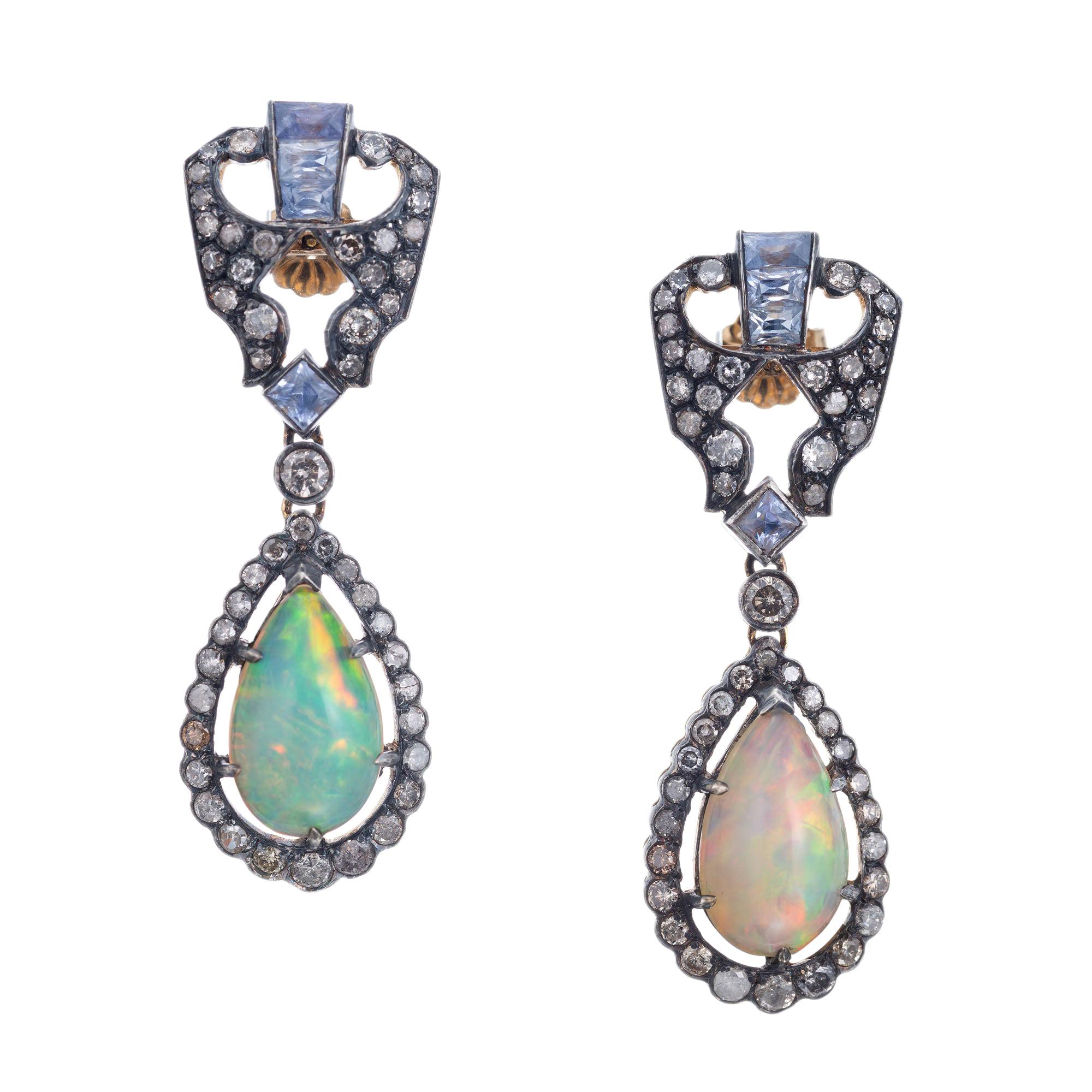 1.00 Carat Diamond Sapphire Opal Yellow Gold Silver Dangle Earrings For Sale