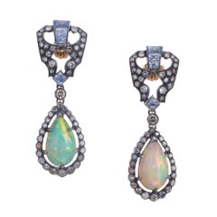 1.00 Carat Diamond Sapphire Opal Yellow Gold Silver Dangle Earrings