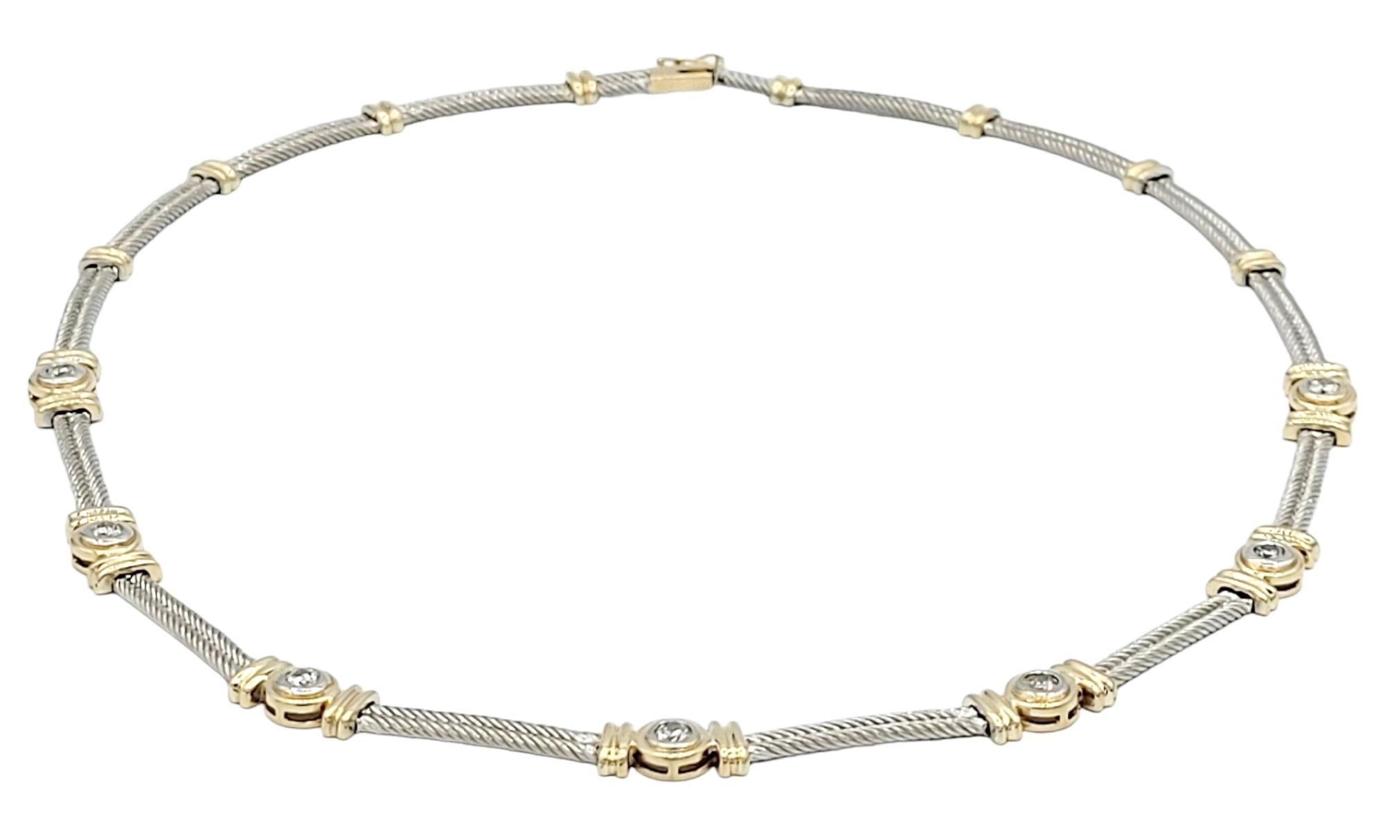 Contemporary 1.00 Carat Diamond Station Cable Link Necklace in 14 Karat White & Yellow Gold For Sale